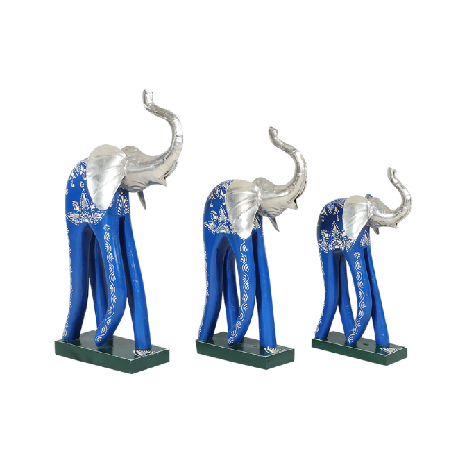 Wooden Blue Color Walking Elephant Showpiece For Home Decor Set OF 3