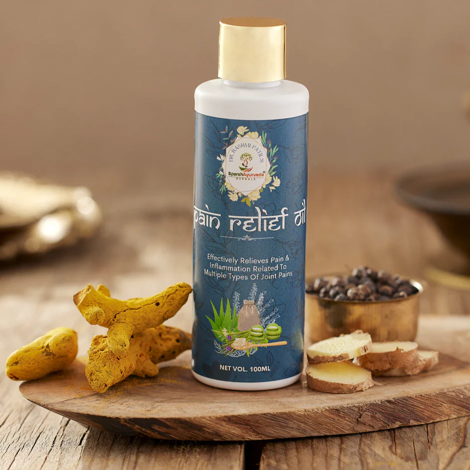 Pain Relief Oil from Tanutra, showcasing natural ingredients like Nirgundi, Erandmool, and Guduchi for effective pain relief