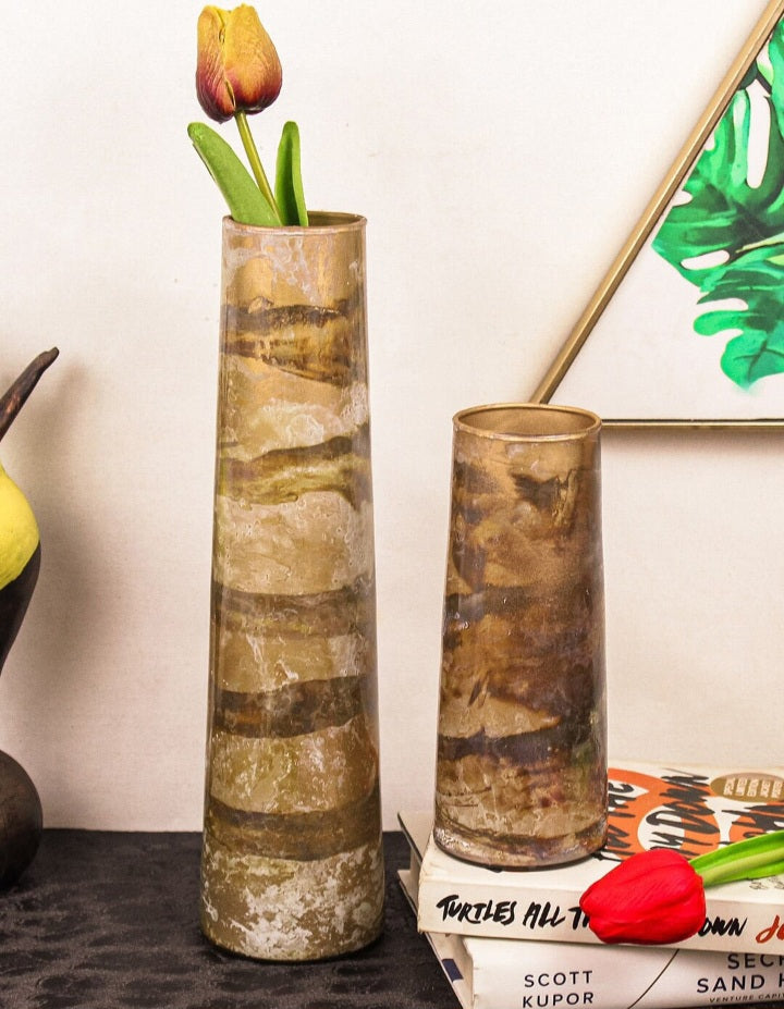 brown and gold printed flower glass vases